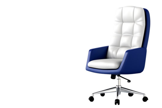 Modern executive office chair with white leather upholstery and vibrant blue accents, perfect for a stylish workspace and comfortable seating