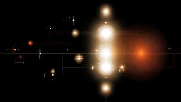 A network of bright, glowing orbs and lines on a black background with a strong light source