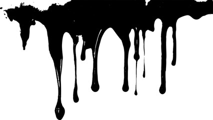 Dripping black ink on a white transparent background. Black paint dripping down against a white background. Close up of paint leaking down white background. 