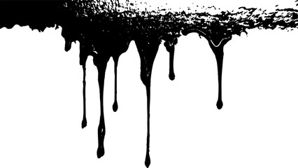 Black dripping paint isolated on white background. Dripping black liquid on white background. Paint dripping from the top of the frame transparent background. 
