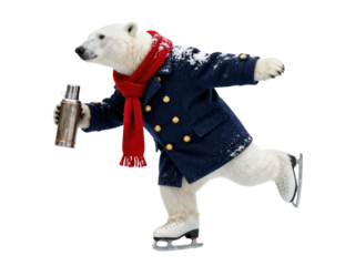 Polar Bear Dressed in Clothes Ice Skating with a Cocktail Shaker