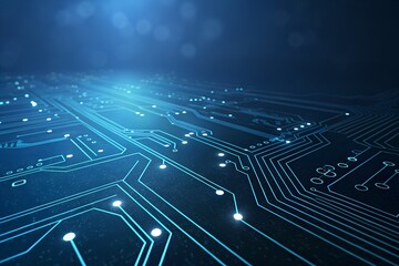 Futuristic blue circuit board lines and glowing nodes on a dark background, illustrating advanced technology, artificial intelligence concepts, and interconnected digital pathways
