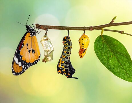 Monarch butterfly lifecycle stages showing emergence chrysalis caterpillar and branch - Powered by Adobe