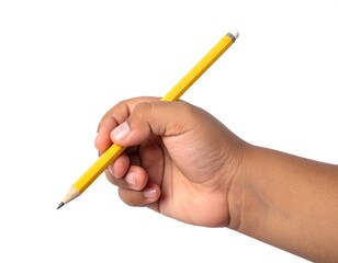 Child's hand holding a yellow pencil