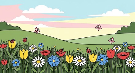 Vibrant Meadow Bursting with Spring Flowers and Butterflies