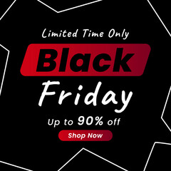 Black Friday Sale with disc Up to 90% off. Vector illustration. Limited Time Only. Black Friday Sale banner template design for social media and website advertisement. Shop Now.