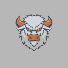 Powerful white bull or bison head vector illustration. Aggressive animal mascot design with fierce orange eyes and horns, symbolizing strength and determination.