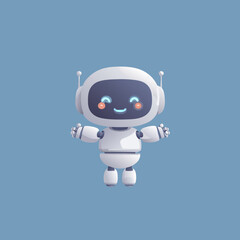 Cute Smiling White Cartoon Robot with Open Arms, Friendly AI Technology Character, 3D Render on Blue Background