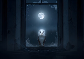 Moonlit Barn Owl in Broken Window