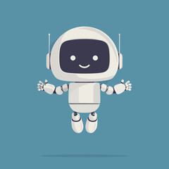Adorable white cartoon robot character floating with open arms. Friendly artificial intelligence assistant illustration, technology concept.