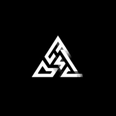 Dynamic abstract white triangular geometric symbol with intricate interwoven pattern and subtle digital glitch effect on a black background
