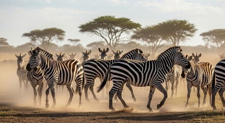 Herd of Zebras Running Through the African Savannah at Sunset