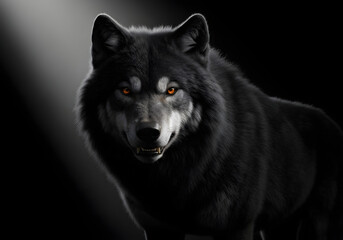 Black Wolf with Piercing Orange Eyes