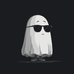 Cute Cartoon Ghost Character in Black Sunglasses on Dark Background. Spooky, Minimalist Halloween Illustration, Fun and Playful Spirit Design.