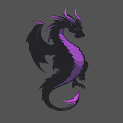 Mystical black and purple dragon illustration with powerful wings. Fantasy creature vector art, mythical beast design element.