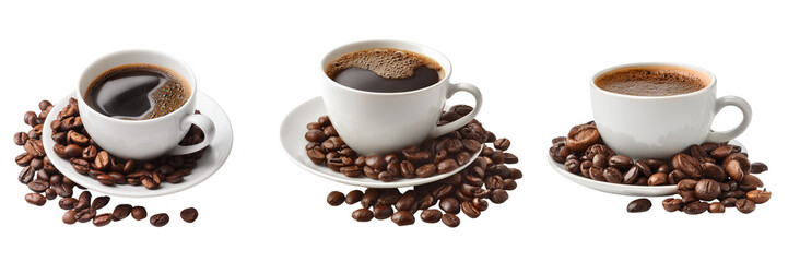 Fototapeta premium Set of Hot coffee in a simple white cup with steam rising on transparent png background. Ai generated