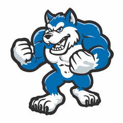 Powerful blue cartoon wolf mascot with muscular physique, bared fangs, and aggressive expression, symbolizing strength and determination.