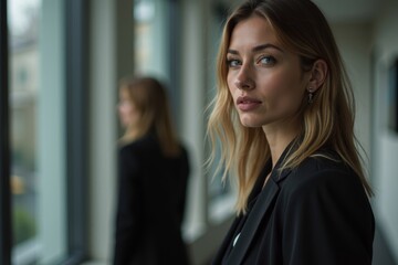Obraz premium Title: A poignant photo series examining the intersection of women's professional and personal lives, shedding light on workplace exploitation and sexual harassment.