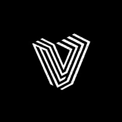 Modern geometric white letter V logo concept with distressed texture on a black background. Abstract striped initial design.