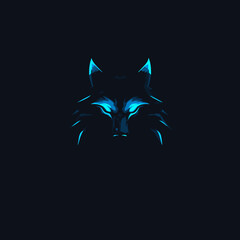 Striking nocturnal wolf face with glowing blue eyes, elegant digital artwork, predatory animal silhouette concept