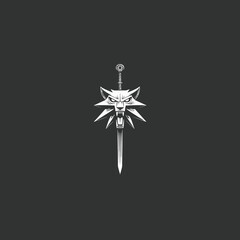 Fierce wolf head emblem with a sword, stylized silver graphic design, fantasy medallion artwork, strong symbol on dark background