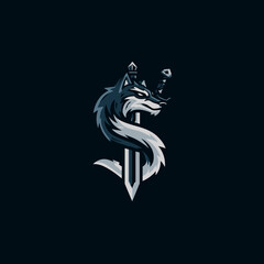 Fierce Gray Wolf Head with Medieval Sword Emblem Graphic Design. Powerful animal mascot illustration symbolizing strength, loyalty, and protection.