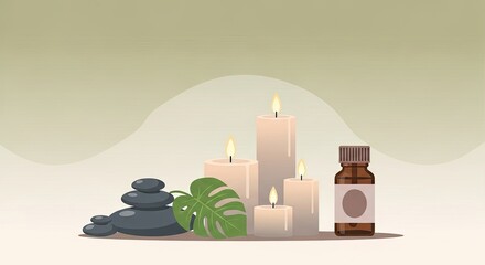 Relaxing Spa Scene with Candles Essential Oils and Stones