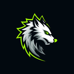 Aggressive neon green and white wolf head logo design. Fierce wild animal mascot for gaming, esports, or strong brand identity.