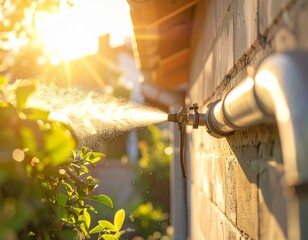 Water spraying from outdoor spigot against brick wall under bright golden sunlight near green foliage