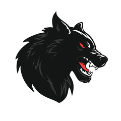 Intense black wolf head vector illustration with glowing red eyes and bared fangs, aggressive wild animal design