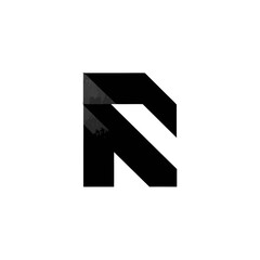 Minimalist geometric letter R design in black and white with abstract modern style and subtle grunge texture on white background.