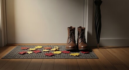 Cozy Autumn Entrance with Boots and Falling Leaves
