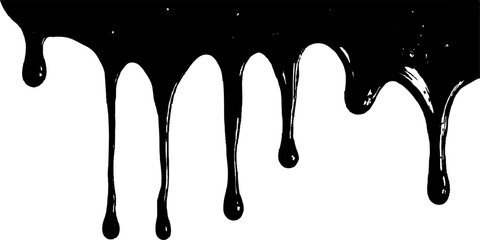 Black dripping paint isolated on white background. Dripping black liquid on white background. Paint dripping from the top of the frame transparent background. 