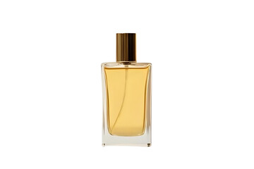 Elegant perfume bottle with golden cap filled with amber liquid isolated on white background for cosmetic advertising