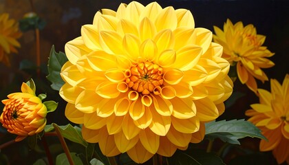 Close Up of a Bright Yellow Dahlia Flower.