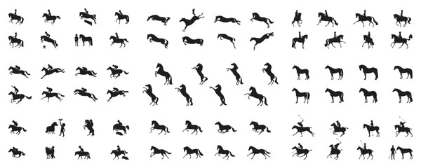 72 silhouettes of horses and riders in various poses including jumping, rearing, polo playing and dressage