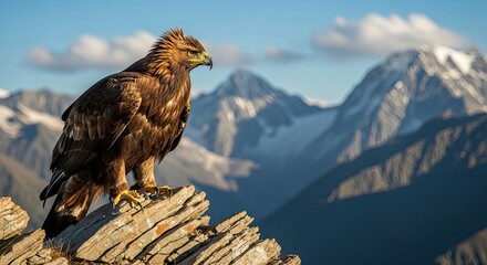 Majestic Golden Eagle Perched on Rocky Summit Against Snowy Mountain Backdrop