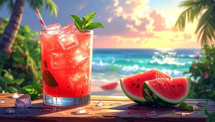 Tropical Watermelon Drink on a Beach.