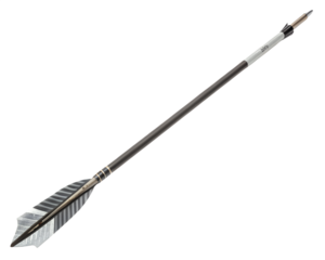 A single carbon fiber arrow with fletching and a broadhead tip, isolated on transparent background