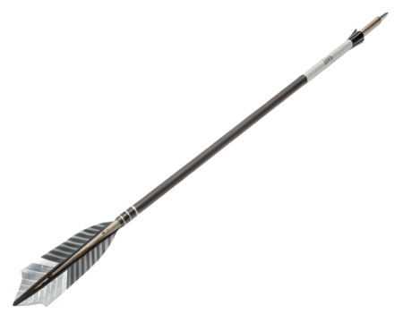 A single carbon fiber arrow with fletching and a broadhead tip, isolated on transparent background