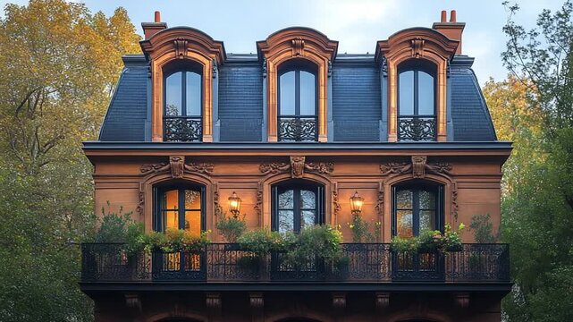 Elegant Parisian Mansard Roof Building Facade.