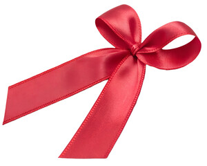 A single red satin ribbon bow isolated on transparent background, perfect for gift wrapping and decoration