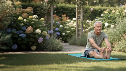 Elderly man stretching on yoga mat in garden among flowers  