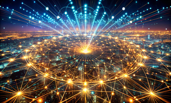 Futuristic cityscape with glowing network connections and digital communication lines