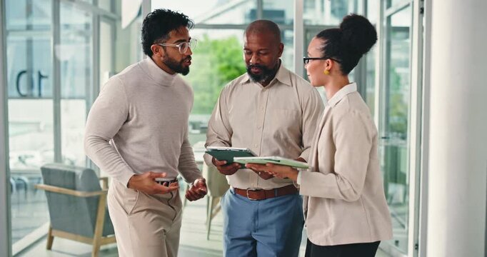Handshake, introduction or people in office with smile, collaboration or meeting for b2b deal. Shaking hands, greeting or employees in agency with welcome, agreement or opportunity for partnership.