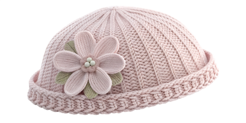 Pale Pink Knitted Baby Hat with Flower and Leaf Appliques on Black Background children's clothing isolated on a transparent background