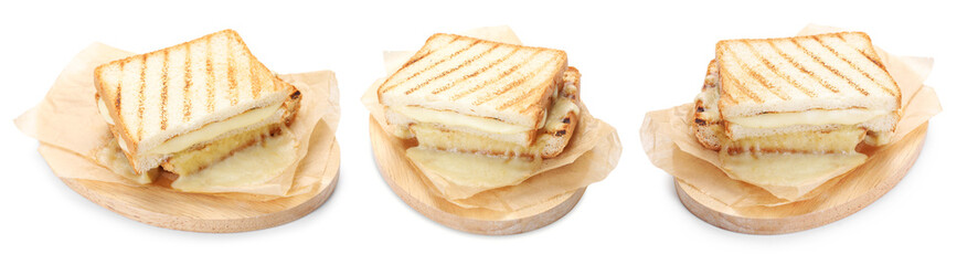 Yummy sandwiches with cheese isolated on white, collage