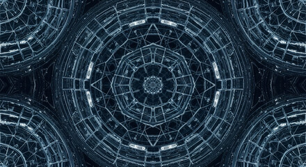 Intricate abstract dark blue geometric pattern with symmetrical repeating ovals and complex network of lines and structures