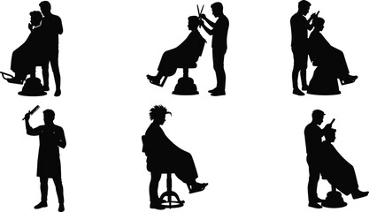 hairstylist silhouette set, salon scene, haircut session, client styling, scissors and comb, black vector illustration, beauty profession