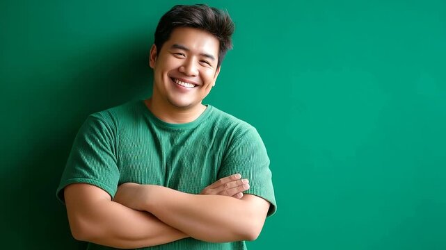 A cheerful young man from a diverse background in a green shirt, smiling confidently against a green background, diversity, inclusivity, interracial couples, plus-size models, posi